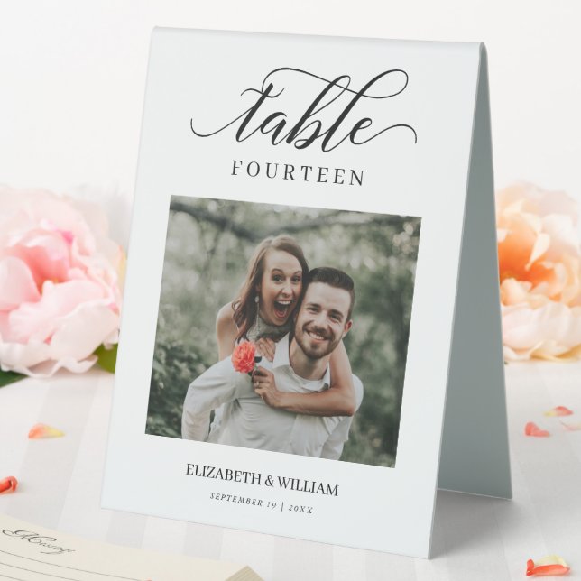 Elegance Script Modernes Foto Hochzeit Tischnummer Tischaufsteller (In Situ (Hochzeit))