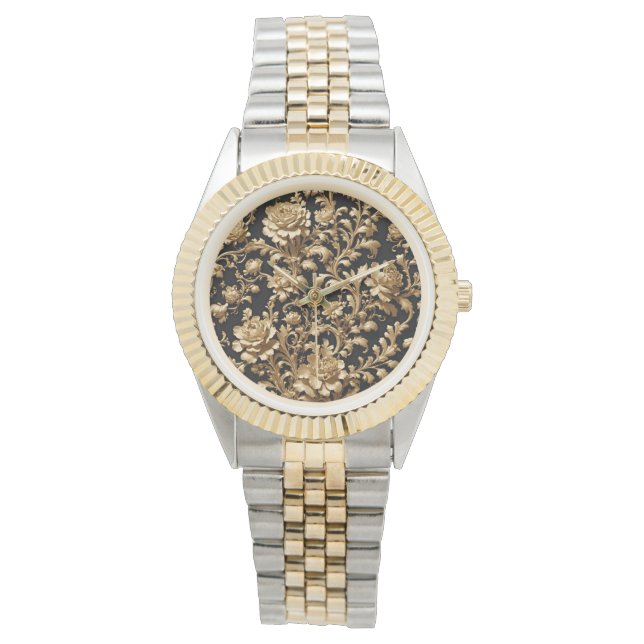Elegance verzaubert: Schwarze und goldene Blüte Armbanduhr (Vorderseite)