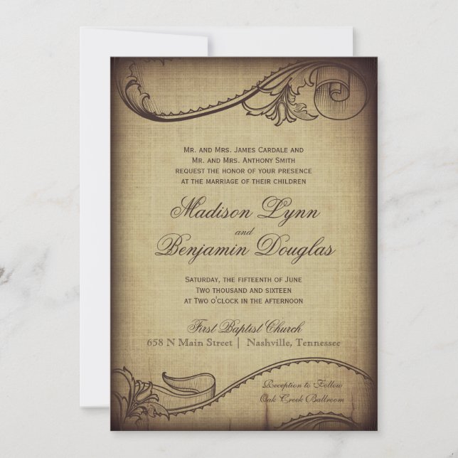 Élégance vintage Invitations de mariage rustique (Devant)