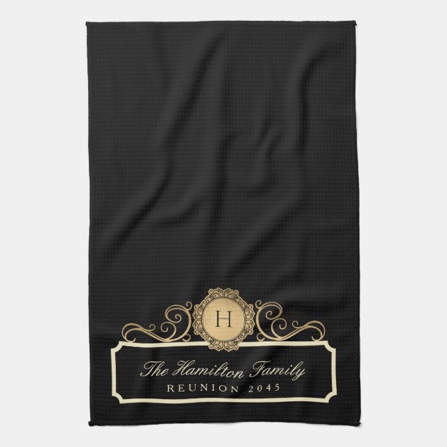 Eleganfamilie Wiedersehen Gold Monogram Black Geschirrtuch (Vertikal)