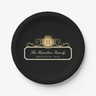 Eleganfamilie Wiedersehen Gold Monogram Black Pappteller