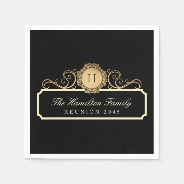 Eleganfamilie Wiedersehen Gold Monogram Black Serviette (Vorderseite)