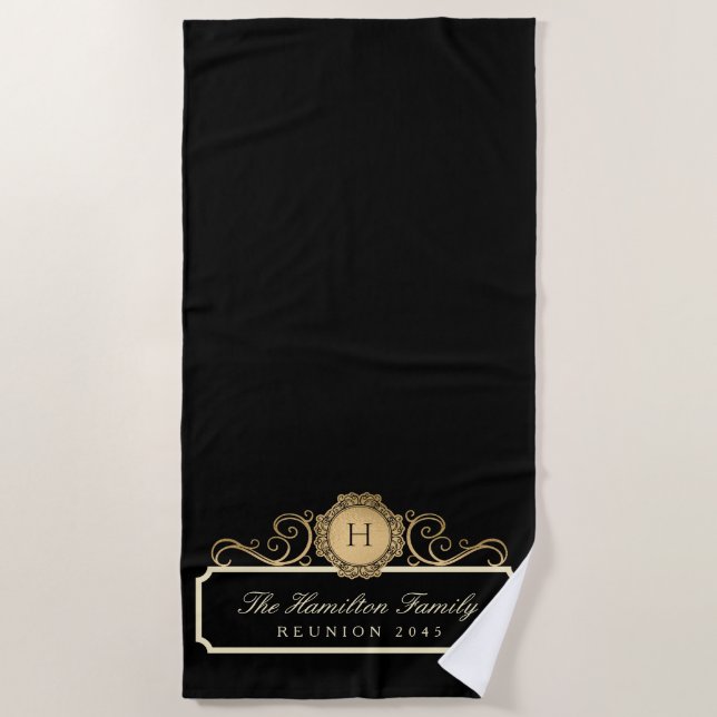 Eleganfamilie Wiedersehen Gold Monogram Black Strandtuch (Vorderseite)
