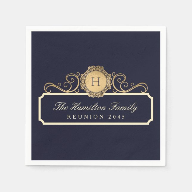 Eleganfamilie Wiedersehen Gold Monogram Navy Serviette (Vorderseite)