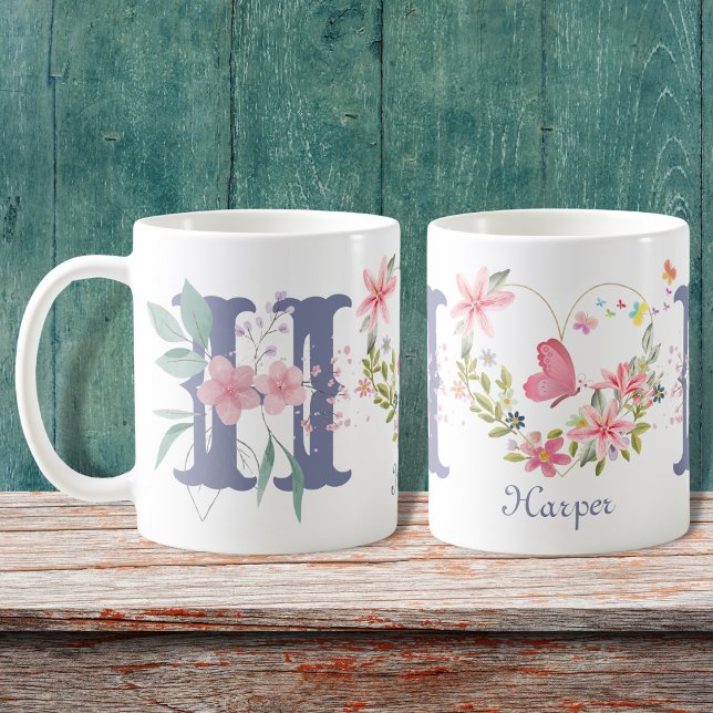 Eleganfarbene Blütenschmetterlingsmonogramm H Kaffeetasse (Von Creator hochgeladen)