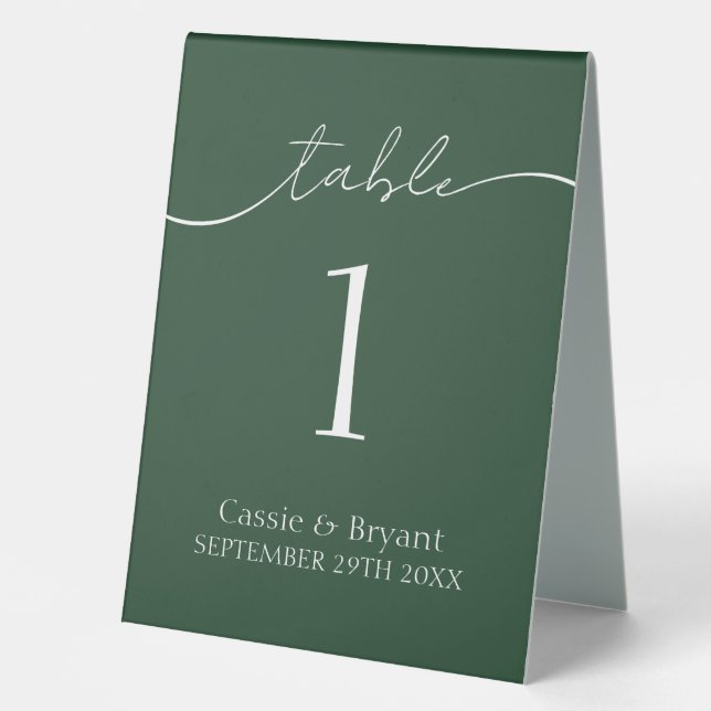EleganForest Green Script Wedding Tischnummer Tischaufsteller (Vorderseite)