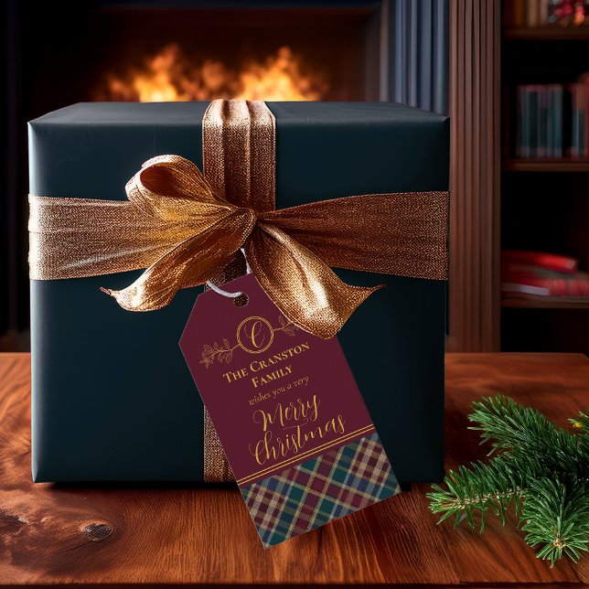 Elegangoldmonogramm Kariert - Cranberry Blue Aquam Geschenkanhänger (Elegant Gold Monogram Plaid Cranberry, Blue and Teal "Merry Christmas" Gift Tags)