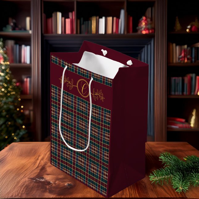 Elegangoldmonogramm Kariert - Cranberry Blue Aquam Mittlere Geschenktüte (Elegant Gold Monogram and Plaid Dark Cranberry Red, Blue and Teal Green Christmas Holiday Gift Bag)