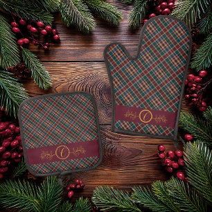 Elegangoldmonogramm Kariert - Cranberry Blue Aquam Ofenhandschuh & Topflappen-Set