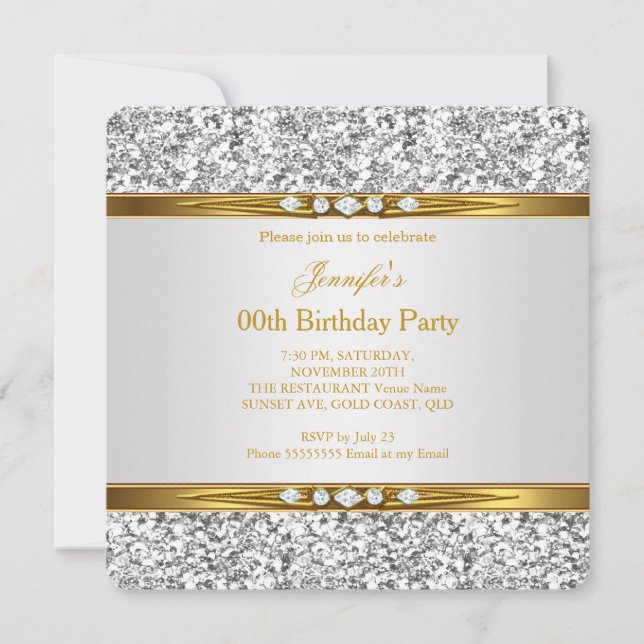 Elegangoldweißer Glitzer Silver Diamond Geburtstag Einladung (Vorderseite)