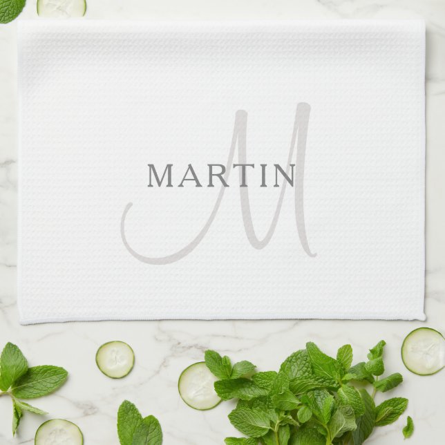 Eleganname Monogram | Weiß & Grau Geschirrtuch (Gefaltet)