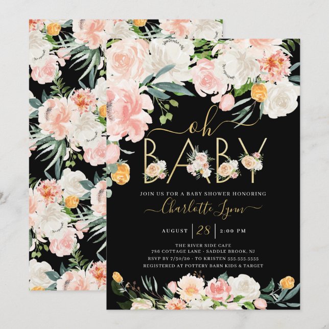 Elegano Oh Baby Blush Pink Gold Floral Baby Dusche Einladung (Vorne/Hinten)