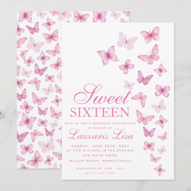 Eleganpink Sweet sechteent Butterflies Geburtstag Einladung (Vorne/Hinten)