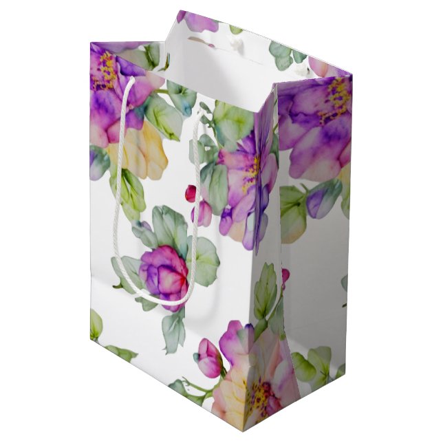 Eleganrosa lila Aquarellblüte Mittlere Geschenktüte (Vorderseite Schrägansicht)