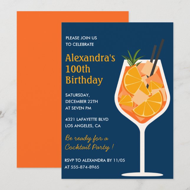 Elegant 100. Geburtstag Einladung Cocktail Navy (Vorne/Hinten)