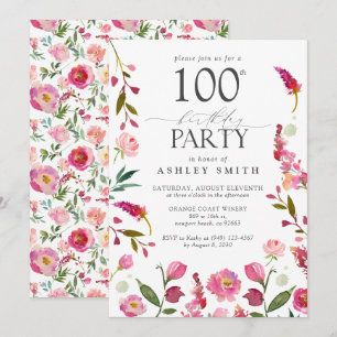 Elegant 100. Rosa Aquarellfarbe Blumengeburt Einladung