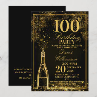 Elegant 100th Birthday Gold Bottle Fizz Einladung