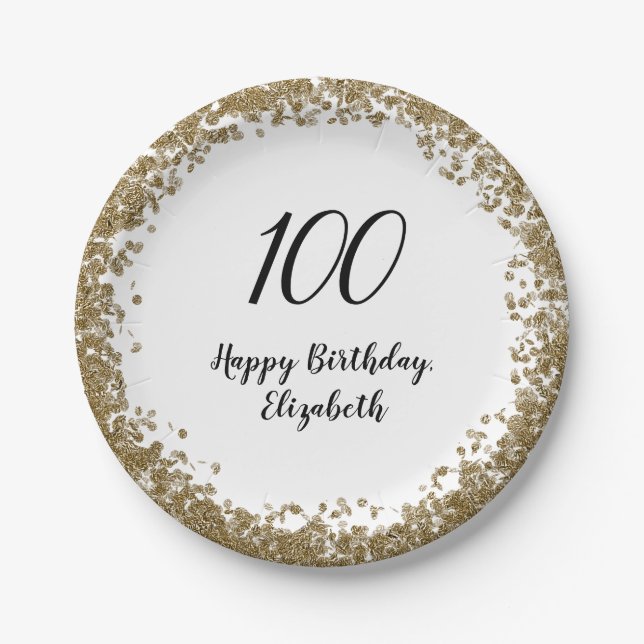Elegant 100th Birthday Plates With Gold Sequins Pappteller (Vorderseite)