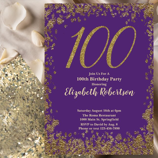 Elegant 100th Purple Birthday Invitation Gold  Einladung (Von Creator hochgeladen)