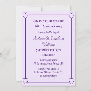 Elegant 10 Jahre Jubiläum Romantische Herzen Lila Einladung