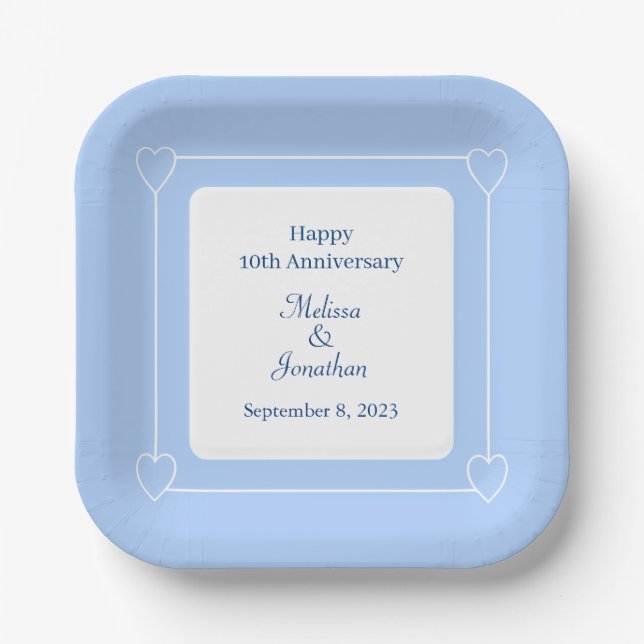 Elegant 10. Jubiläum Romantic Hearts Blue Pappteller (Vorderseite)