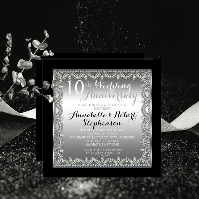 Elegant 10. Silber und Diamanten Jubiläum Einladung (Elegant 10th Silver Tone Tin-Look and Faux Printed Diamonds Anniversary Square Invitation Print Digi)