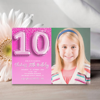 Elegant 10th Birthday girl with photo Numer Ballon Einladung