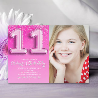 Elegant 11th Birthday girl with photo Numer Ballon Einladung