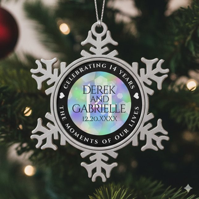 Elegant 14. Opal Hochzeitstag Schneeflocken Zinn-Ornament (14th Opal Wedding Anniversary Snowflake Pewter Ornament Cover Photo)