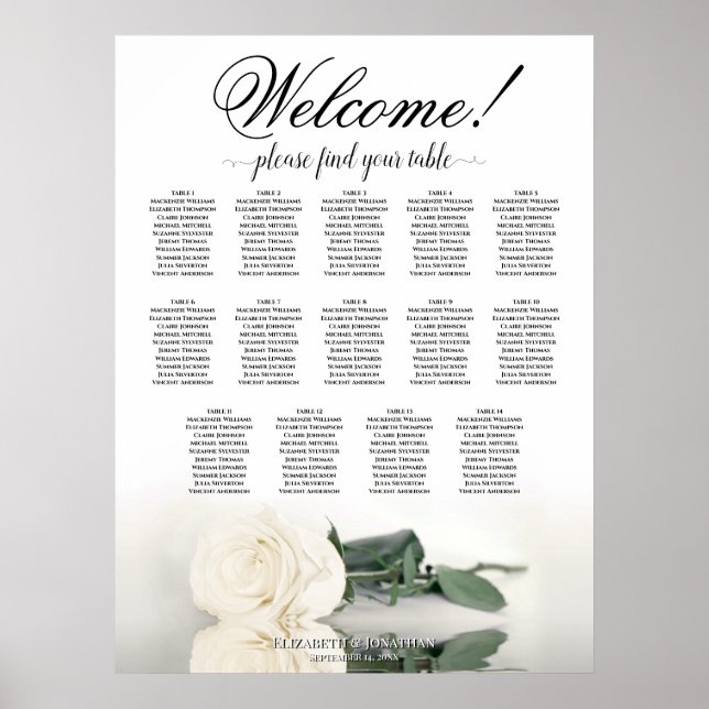 Elegant 14 Tabelle White Rose Hochzeitstabelle Poster (Vorne)