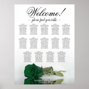 Elegant 14 Table Emerald Green Rose Seating Chart Poster