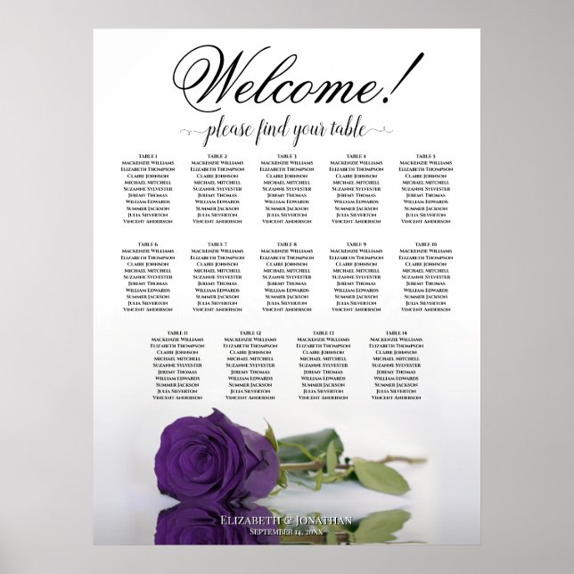 Elegant 14 Table Royal Lila Rose Seating Chart Poster (Vorne)