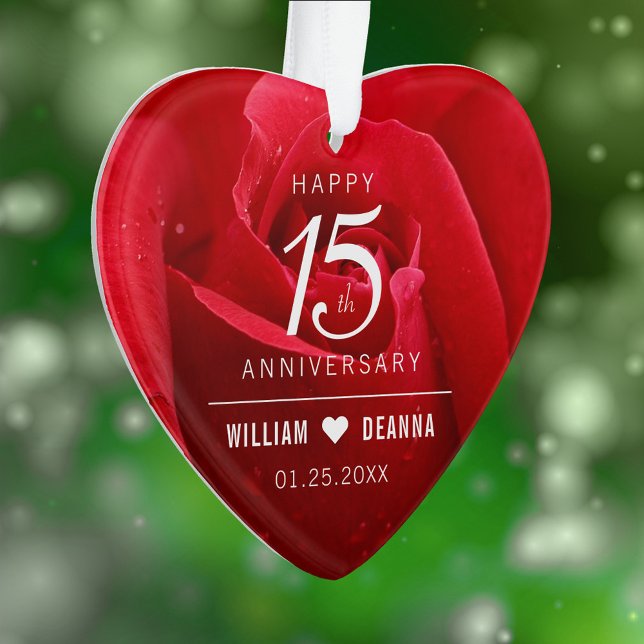 Élégant 15e anniversaire de Mariage Rose (Elegant 15th Rose Wedding Anniversary Acrylic Ornament Cover Photo.)