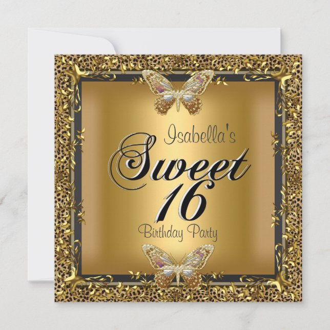 Elegant 16 . Geburtstag 16 Leopard Gold Butterfly Einladung (Vorderseite)