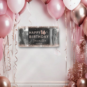 Elegant 16. Rose Gold Glitzer & Foto Geburtstag Banner