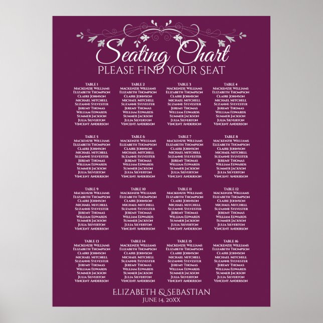 Elegant 16 Table Cassis Wedding Seating Chart Poster (Vorne)