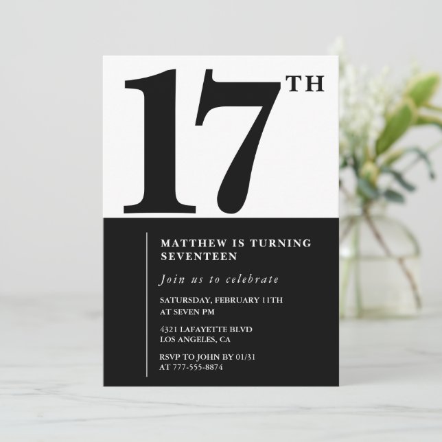 Elegant 17. Geburtstag Einladung Black Chic Modern (Stehend Vorderseite)