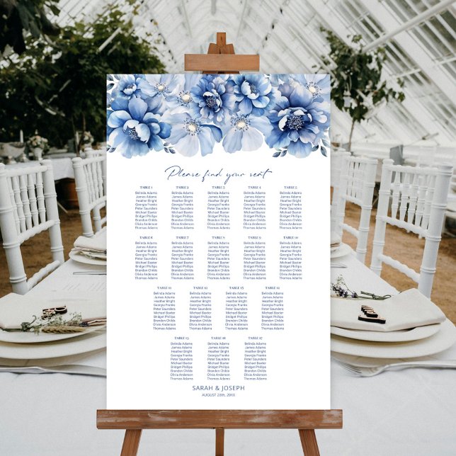 Elegant 17 Table Blue Floral Wedding Chart Poster (Von Creator hochgeladen)