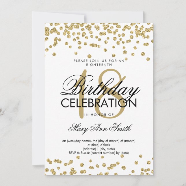 Elegant 18. Geburtstag Gold Glitzer Confetti White Einladung (Vorderseite)