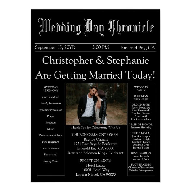 Elegant 1 Foto QR Code Newspaper Wedding Program Poster (Vorderseite)