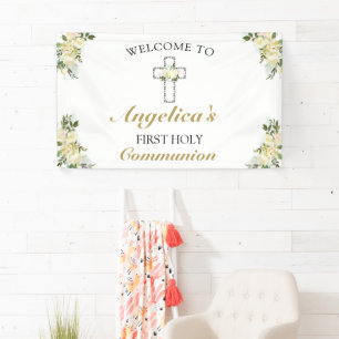 Elegant 1. Heilige Kommunion Floral Willkommen Banner