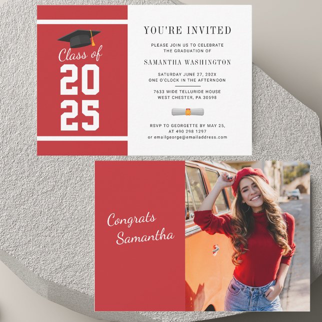 Elegant 2025 Foto Abschluss Einladung (Graduation Red and White Photo Invitation)