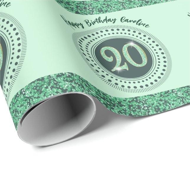 Elegant 20th Birthday Green Glitter with Stripes Geschenkpapier (Rolleneckpunkt)