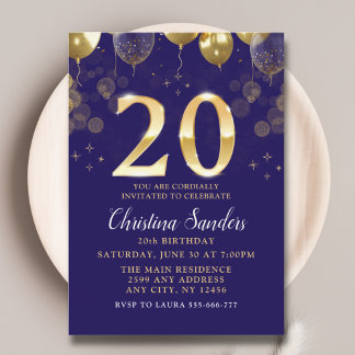 Elegant 20th Birthday Invitation with Gold Ballons Einladung