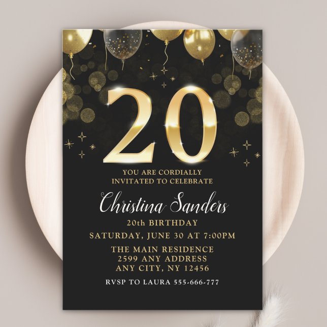 Elegant 20th Birthday Invitation with Gold Ballons Einladung (Von Creator hochgeladen)