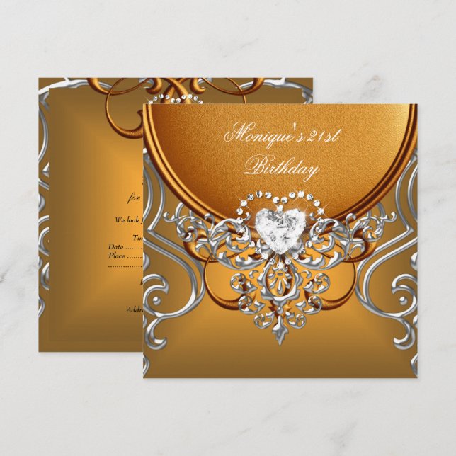 Elegant 21. Geburtstag Party Gold Silver Diamond Einladung (Vorne/Hinten)
