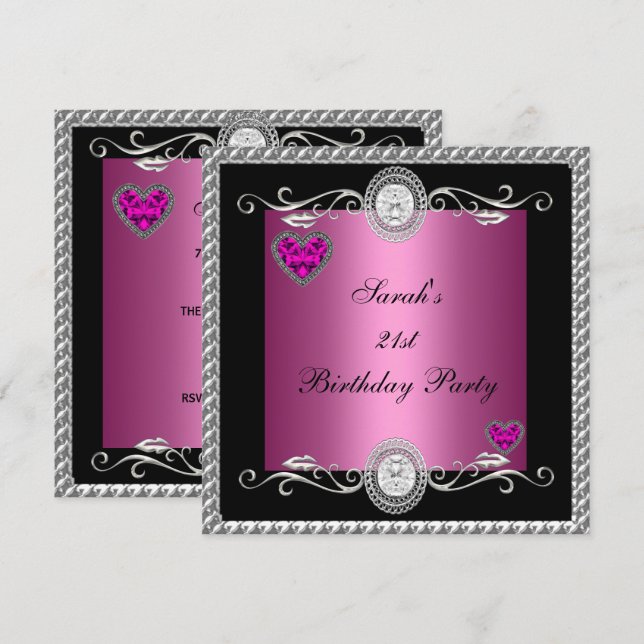 Elegant 21. Geburtstag Pink Black Heart Jewel Einladung (Vorne/Hinten)