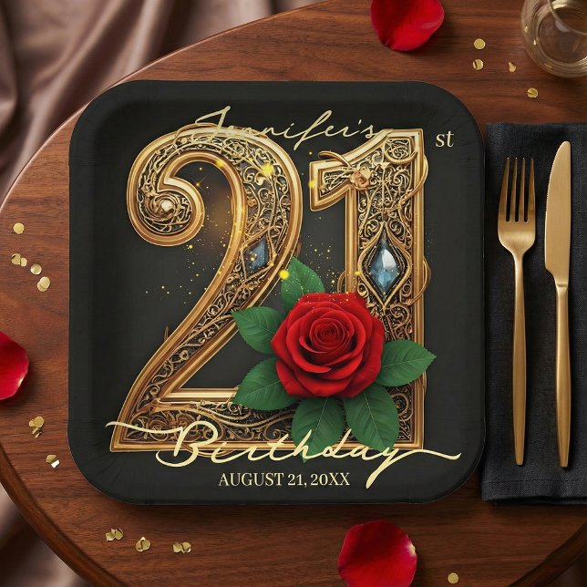 Elegant 21st Birthday Black Gold Filigree Red Rose Pappteller (Von Creator hochgeladen)