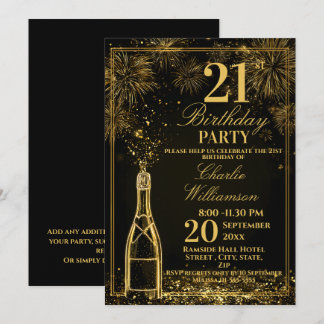 Elegant 21st Birthday Gold Bottle Fizz Einladung