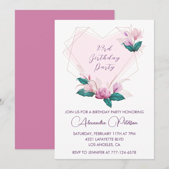 Elegant 23. Geburtstag Einladungen Pink Floral (Vorne/Hinten)